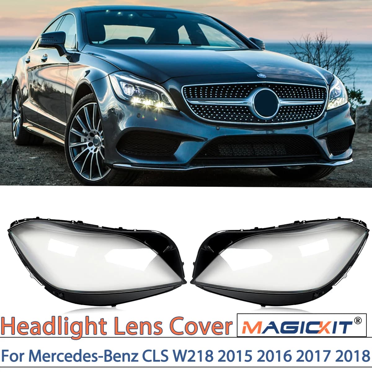 MAGICKIT-par de cubiertas de lente de faro delantero para mercedes-benz W218 CLS400 CLS550 2015-2018, accesorios de coche, policarbonato
