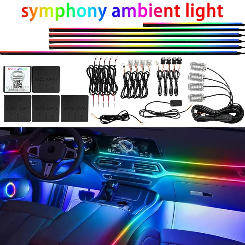 Luces Ambientales para Automóvil con Flujo de Color Completo 18 en 1, RGB de 64 Colores, Tira de Acrílico Oculta Interior LED Universal, Lámpara de Atmósfera Sinfónica