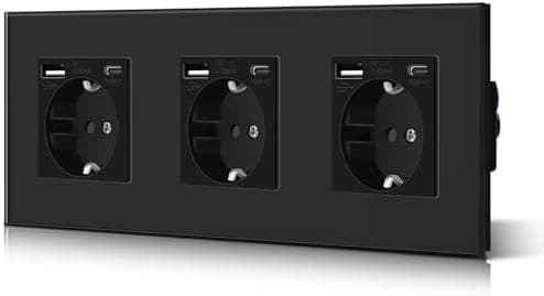 BSEED Enchufe Pared con USB C,Enchufes Estándar con Cristal,Schuko Enchufe Simple 16A 250V,Toma de Corriente para Cocina,Dormitorio,Oficina,Hotel,M Serie,3 Enchufes con USB y Tipo C,228mm Negro