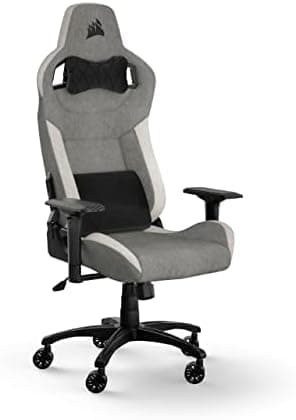Corsair T3 Rush Fabric Silla para Juegos (2023) – Gris y Blanco | Diseño Inspirado en Las Carreras, Almohada Cervical Acolchada y Soporte Lumbar de Espuma Viscoelástica