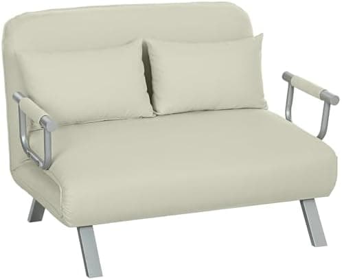 HOMCOM Sofá Cama de 2 Plazas 3 en 1 Sofá Cama Plegable Tapizado en Ante Sintético con Respaldo Ajustable de 5 Niveles y 2 Almohadas Acolchadas para Oficina Dormitorio Salón 111x80x78 cm Crema