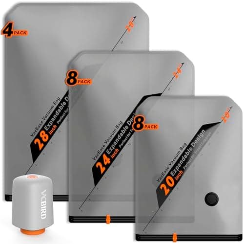 Vacbird Bolsas Vacio Ropa con Bomba de Vacío Eléctrica Inalámbrica, 20 Bolsas de Vacío para Ropa (8 x 40x54cm, 8 x 47x64cm, 4 x 54x74cm), Especialmente Diseñadas para Viajes y Organización de Maletas