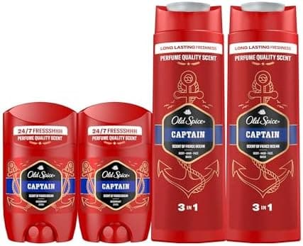 Old Spice Captain Desodorante En Barra Para Hombres 2x50ml + Gel Y Champú Para Hombres, 3 En 1 2x400ml, Fresco 24 Horas, Todos Los Días Con Uso Diario, Perfume Duradero, Fragancia Excepcional