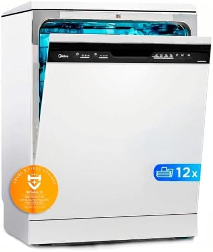 Midea Lavavajillas 60 cm+++ Blanco para 12 servicios - Lavaplatos Libre Instalación con 4 Programas de Lavado, Integrable - Filtro Antibacterias, 49 dB, y Función de Media Carga Nuevo Modelo