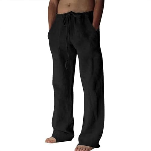 Litthing Pantalones de Lino para Hombre Pantalon de Jogging Algodón Pants Casuales de Verano con Bolsillos Color Sólido Pantalones Holgados con Cordón Pantalon Cómodos y Ligeros