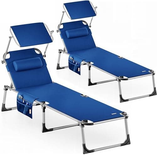 CASARIA® Set 2X Tumbonas Playa Plegable 180Kg Silla Jardín Reclinable Exterior Toldo Reposacabeza 210x61cm Bolsillo Piscina Camping Terraza Azul