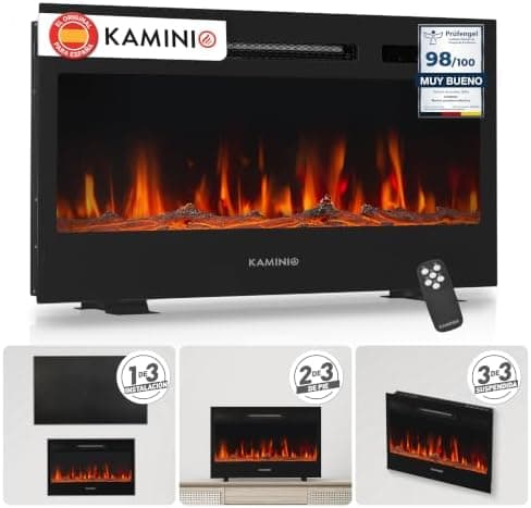 KAMINIO® Marlon Pro Chimenea eléctrica Decorativa con Calefactor | 3 en 1 chimenea empotrable, colgante o de pie, con efecto fuego, termostato, temporizador y mando a distancia, negro