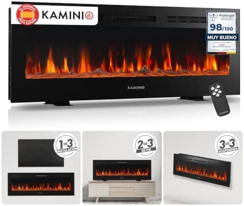 KAMINIO® Marlon Pro Chimenea eléctrica Decorativa con Calefactor | 3 en 1 chimenea empotrable, colgante o de pie, con efecto fuego, termostato, temporizador y mando a distancia, negro