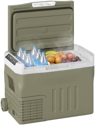 Outsunny Nevera Portátil Eléctrica 30L Refrigerador de Coche -20℃ a +20 ℃ 12V/24V Mini Frigorífico con Ruedas Compresor Pantalla LED Táctil para Hogar Camping Viajes Automóvil 61x39x41,5 cm Verde