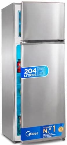 Midea Frigorífico 2 puertas 140 cm alto x 55 cm ancho, Inox, Capacidad 204 L, Nevera Pequeña con Congelador Low Frost de Bajo Consumo, Puerta Reversible, Luz LED, Silencioso 40dB, Cajón de Frutas