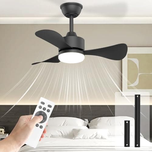 Airwit 71cm Ventilador de Techo con Luz y Mando a Distancia, Silencioso Lampara Ventilador Techo con Pequeno 3 Aspas Luz LED, para Dormitorio, Salon, Reversible Motor DC, 6 Velocidades