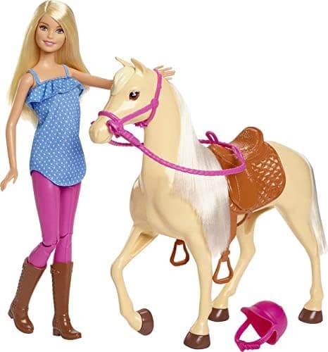 Barbie, Muñeca Rubia, con modelito de equitación, Casco, y Caballo marrón Claro con Crin y Cola Blancas y Suaves, Regalo para niñas de 3 a 7 años, FXH13
