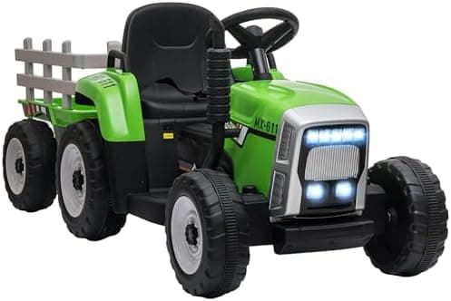 HOMCOM Tractor Eléctrico con Remolque Desmontable para Niños de 3-6 Años con Control Remoto Música MP3 Pantalla Luces y Cinturón de Seguridad 136,5x50x52,5 cm Verde