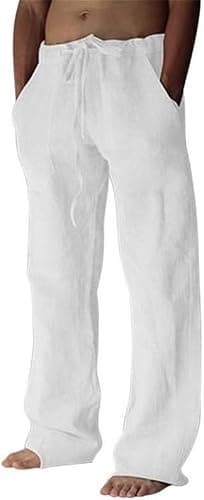 Litthing Pantalones de Lino para Hombre Pantalon de Jogging Algodón Pants Casuales de Verano con Bolsillos Color Sólido Pantalones Holgados con Cordón Pantalon Cómodos y Ligeros