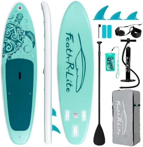 FEATH-R-LITE Tabla de Paddle Surf Hinchable Ultraligera, con Remo Ajustable, Bomba, Mochila, Leash y Aletas, para Principiantes y Avanzados