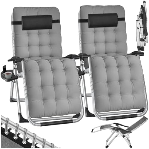 tectake® Silla Tumbona Plegable para Playa y Jardín, Cojín Cabezal Extraíble, Estructura de Acero, Mesa Auxiliar, Ideal para Camping y Picnic, Silla Exterior Terraza - 2 Tumbonas Gris Claro