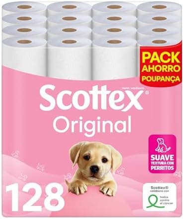 Scottex Original Papel higiénico, 128 rollos, 4 packs de 32 rollos dos capas que proporcionan el equilibro adecuado en suavidad y resistencia