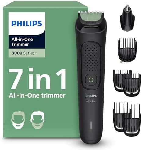 Philips Recortadora Todo En Uno series 3000, Kit 7 en 1, Afeitadora y cortapelos Hombre para Rostro y Pelo, Barba, Cuchillas Autoafilables suaves con la piel, 10 longitudes, MG3930/15