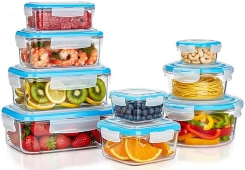 KICHLY - Recipientes De Vidrio Para Alimentos - Paquete De 9 Recipientes Herméticos Para Alimentos Con Tapas Transparentes - Aptos Para Lavavajillas Y Microondas, Sin BPA