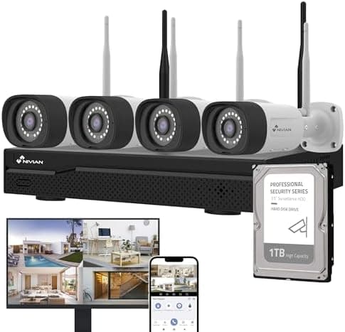 NIVIAN Kit Camaras de Vigilancia Profesional WiFi SuperHD con 4 Cámaras IP y Grabador con Disco Duro 10CH - para Casas y Negocios - Visión Nocturna, Detección Humana IA, Audio Bidireccional