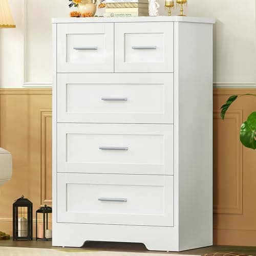 TEENFON Comoda Dormitorio 5 Cajones Blanca, Cómoda y Cajonera Multifunción para Dormitorio - Sinfonier Blanco de Gran Capacidad, Ideal para Salón y Entrada, 60x35x96.5 cm
