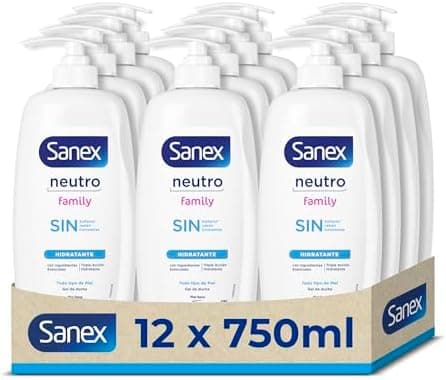 Gel de Ducha Sanex Neutro Family pack 12 x 750 ml | Con ingredientes esenciales | 0% sulfatos*, 0% jabón y 0% colorantes | Gel de ducha para todo tipo de piel | Hidratación duradera