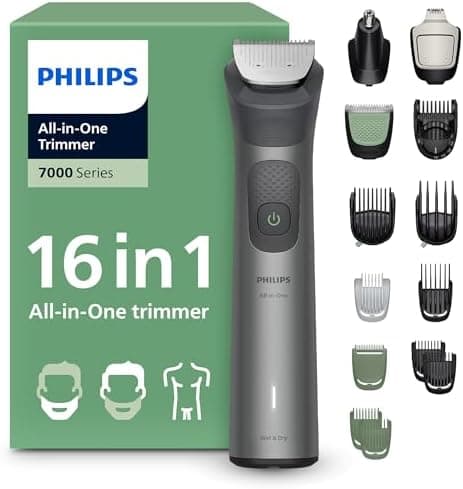 Philips Recortadora todo en uno de 16 en 1 Serie 7000 - Afeitadora y cortapelos hombre para rostro, cabeza y cuerpo, cuchillas de acero autoafilables, 21 longitudes, recargable, MG7931/15