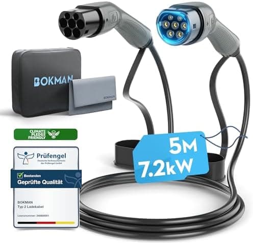 bokman EV Cable de Carga Tipo 2, 7,2kW / 32A / Monofásico / 5 Metros/Modo 3, Cable de Carga Rápida Híbrido Enchufable para Vehículo Eléctrico Tipo 2 a Tipo 2