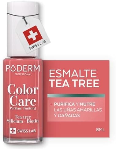 PODERM Esmalte Cuidado para Uñas con Tea Tree - Coral | Swiss Lab - 8ML | Enriquecido con Tea Tree, Silicio & Biotina | Purifica, Aclara & Nutre las Uñas Amarillas | Creado por una Podóloga
