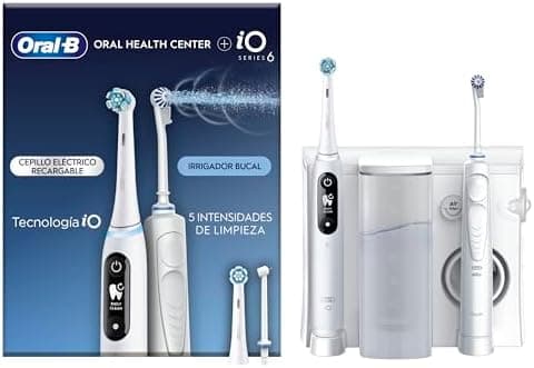 Oral-B Centro De Salud Bucal Irrigador: Irrigador Dental de Agua, Cabezal Oxyjet, Cabezal Water Jet + Cepillo de Dientes Eléctrico iO6 con Cabezal de Recambio, Regalos Originales para Mujer y Hombre