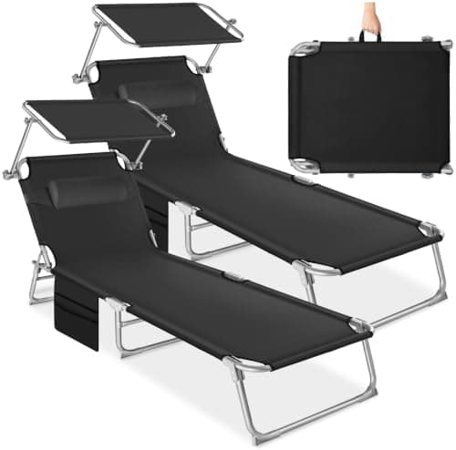 tectake® Set de 2X Tumbonas Jardín Exterior, Tumbonas Plegables con Reposacabezas, Parasol y Bolsillo Lateral, Tumbonas Playa Reclinables 4 Posiciones, Tumbona Piscina Resistente a Intemperie - Negro