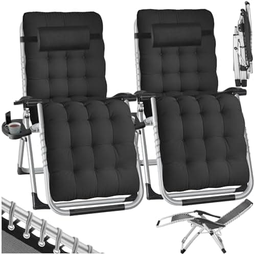 tectake® Silla Tumbona Plegable para Playa y Jardín, Cojín Cabezal Extraíble, Estructura de Acero, Mesa Auxiliar, Ideal para Camping y Picnic, Silla Exterior Terraza - 2 Tumbonas Negro