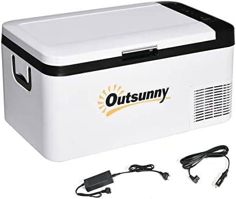 Outsunny Nevera Portátil Eléctrica 18L 12/24V hasta -20℃ Nevera y Congelador de Compresor para Coche con Luz LED y Asas Plegables Bajo Consumo Energético para Hogar Camping 58,5x33,5x29,2 cm Blanco