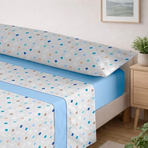 MERCURY TEXTIL- Juego de sábanas de Verano y Entretiempo Estampadas. Ropa de Cama Juego de 3 Piezas, 100% Microfibra. Modernas, Tacto Fino y Suave (Rombos Azul, Cama 90)