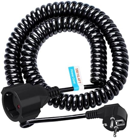 Cable de Extensión Schuko, Cable Espiral de Contacto de Protección Extensible de 1,05 m a 5 m máx, Cable de Alargador IP20(230V/16 A), 3 x 1,0 mm² con Enchufe y Acoplamiento Schuko, Negro