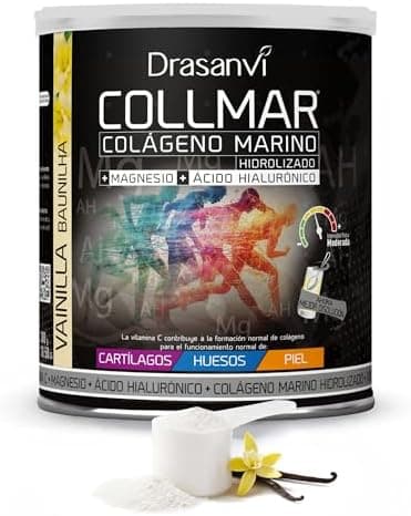 Drasanvi COLLMAR Colágeno Marino Hidrolizado con Ácido Hialurónico, Magnesio, Vitamina C | para cartílagos, huesos y piel | Sin edulcorantes |Alta dosis 9.717 mg/dia |300g de polvo | Sabor Vainilla