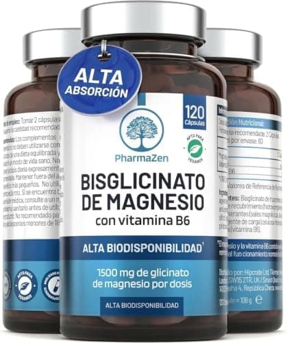 Bisglicinato de Magnesio 1500 mg - Sueño y energía - 300 mg de magnesio puro con vitamina B6 - Glicinato quelado - 120 cápsulas veganas - Alta absorción - PharmaZen