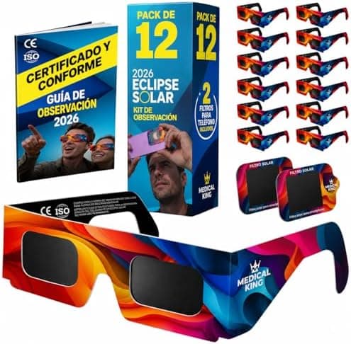 12 Gafas Eclipse Solar Homologadas ISO 12312-2 - Paquete de 12 Con 2 Lentes Fotográficos Para Smartphone Aprobados según la norma ISO, con certificación CE: Gafas para ver eclipses solar 2026