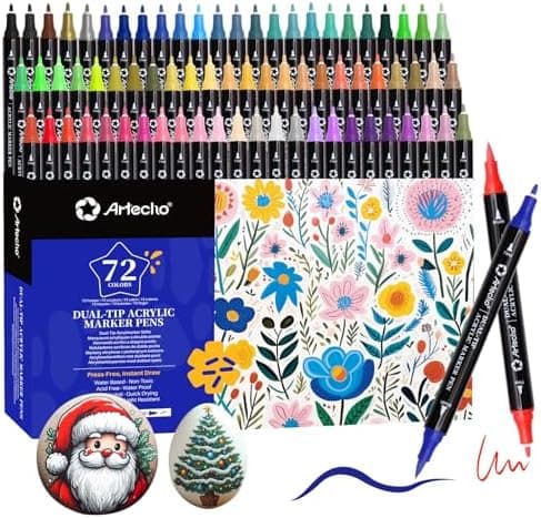 Artecho Lápices acrílicos de 72 colores, 0,5 – 5 mm, resistente al agua, doble punta (pincel y punta fina), con extremos dobles para pintura de roca, papel, madera, huevo, lienzo
