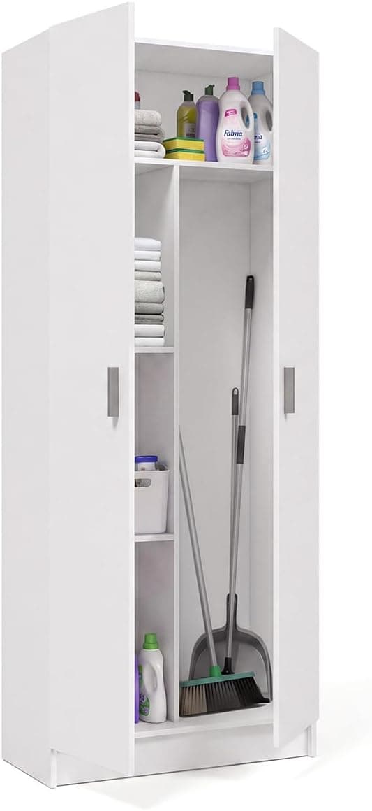 duehome | Armario Multiusos, Escobero, 2 Puertas, Modelo Multi Useful, Acabado en Color Blanco Artik, Medidas: 73 cm (Ancho) x180 cm (Alto) x 37 cm (Fondo)