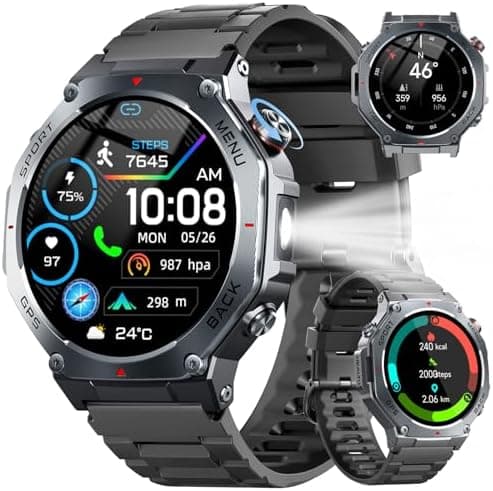 Reloj Inteligente Hombre Militar con GPS y Linterna LED, 5ATM Smartwatch con Brújula llamadas Bluetooth Pulsómetro Oxímetro Sueño, 1.43"AMOLED Reloj Deportivo con 160+Modos Deportivos para IOS Android