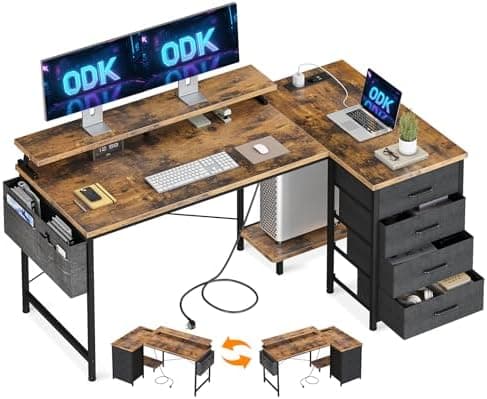 ODK Escritorio Esquinero con 4 Cajones de Tela, 140x80cm Escritorio en L Reversible con 2 Puertos de Carga USB y 2 Enchufes, Mesa en L con Estante para Monitor para Oficina en Casa, Marrón