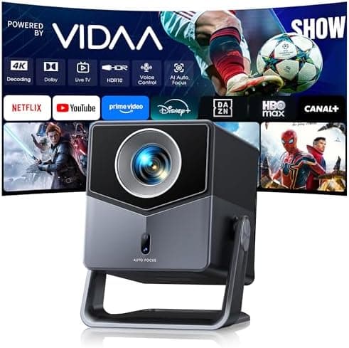 Proyector 4K【Netflix Integrado/TV en Directo/Dolby Audio】VIDAA, el SO más rápido, 1400 ANSI, FHD 1080P, Auto Focus y Keystone, Control por Voz, BT 5.4, Homekit,Rotación 200°, Proyector para Exteriores