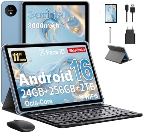Tableta 11 Pulgadas en Gemini AI, Tableta Android 16 en Funda, Teclado & Ratón, Octa-Core, 24 GB RAM + 256 GB ROM + 2 TB TF, 1920x1200 Pantalla HD, 90 Hz, Cámara Doble 8MP + 13MP, 8000 mAh (Azul)