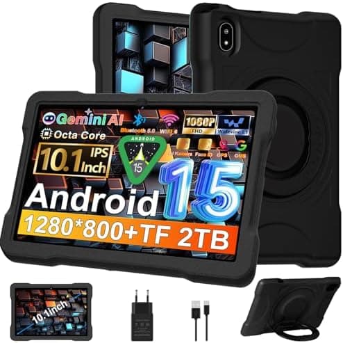 Tablet 10 Pulgadas con 30GB RAM+TF 2TB, Octa-Core 2.0Ghz/GMS, Widevine L1/5G WiFi/Bluetooth 5.0, Juegos Educativos, 5MP+8MP/1280*800, Newest Android 15 tablet Niños con Funda EVA+360° Giratorio, Negro