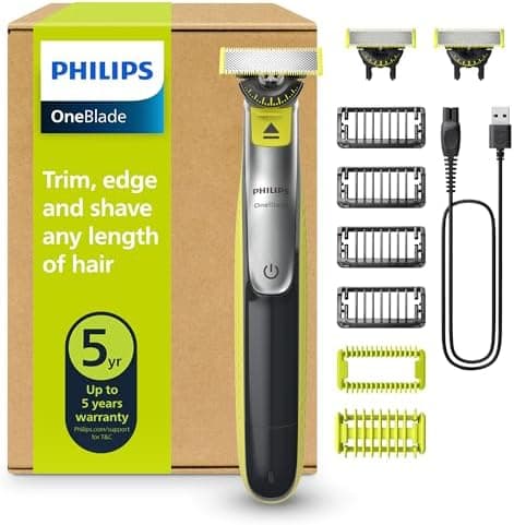Philips OneBlade 360 Auténtico Barbero, afeitadora y recortadora eléctrica facial y corporal, 3x 360 cuchillas, 4x peine para barba incipiente (1,2,3,5mm), 1x kit corporal, QP2834/31