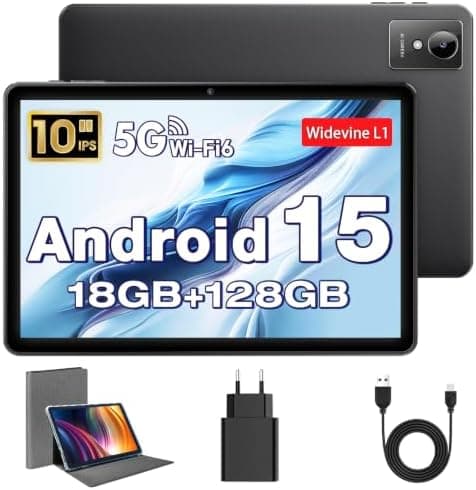 Tablet 10 Pulgadas, Tableta Android 15 con Funda, Unisoc T30 Quad-Core, 18 GB RAM + 128 GB ROM + 1 TB TF, Pantalla HD IPS 1280x800, Cámara Dual 5MP + 8MP, 6000 mAh, WiFi 6, BT 5.0, Widevine L1 (Negra)