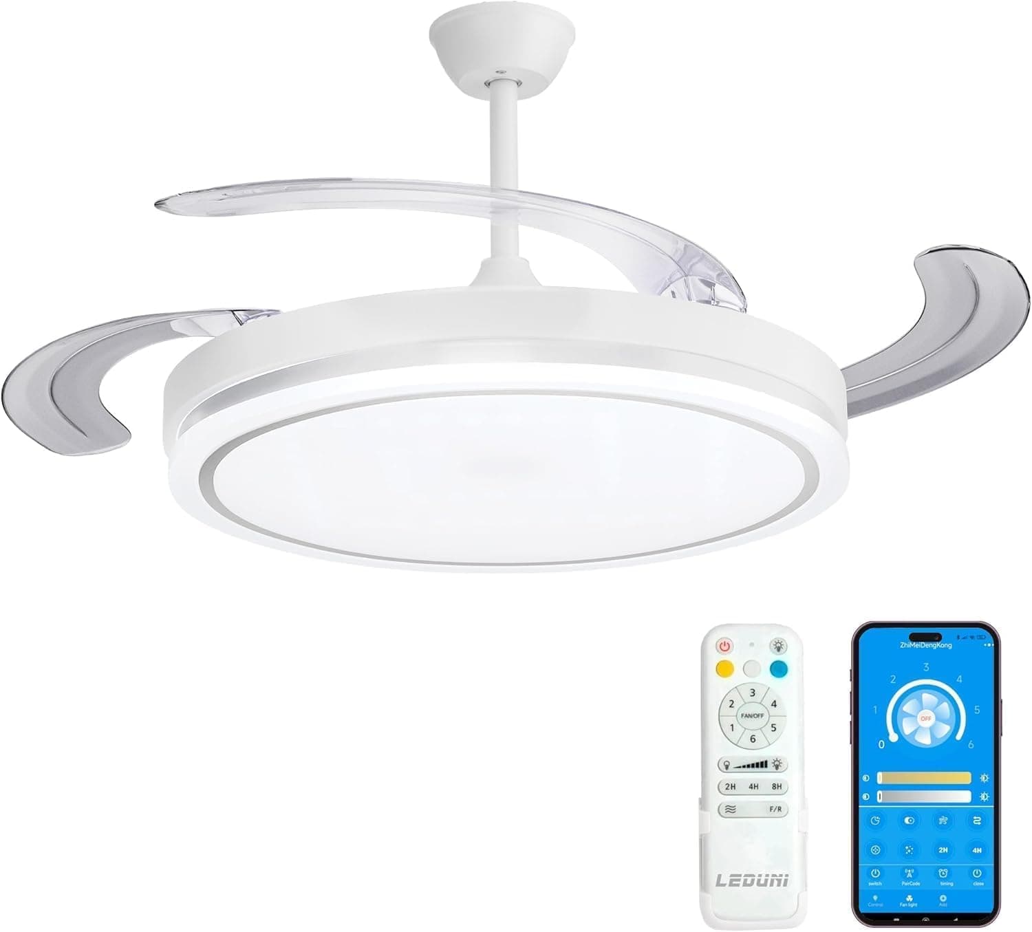 LEDUNI Ventilador de Techo LED con Aspas Retráctiles 66W Motor DC