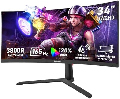 Gawfolk Monitor Gaming Curvo ultrawide de 34 Pulgadas, 165 Hz, Pantalla 3800R 21:9 UWQHD (3440×1440), 120% sRGB, 1 ms, Adaptive Sync, DisplayPort, HDMI, Soporte Ajustable en Altura - Negro