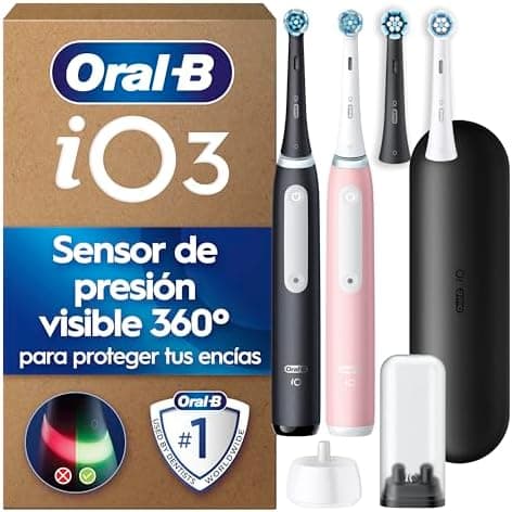 Oral-B iO 3 Cepillos de Dientes Eléctricos, Negro y Rosa, Pack de 2, 4 Cabezales - Cepillo Dental con 3 Modos de Cepillado, Sensor de Presión Y Temporizador, Estuche de Viaje, Soporte para Cabezal